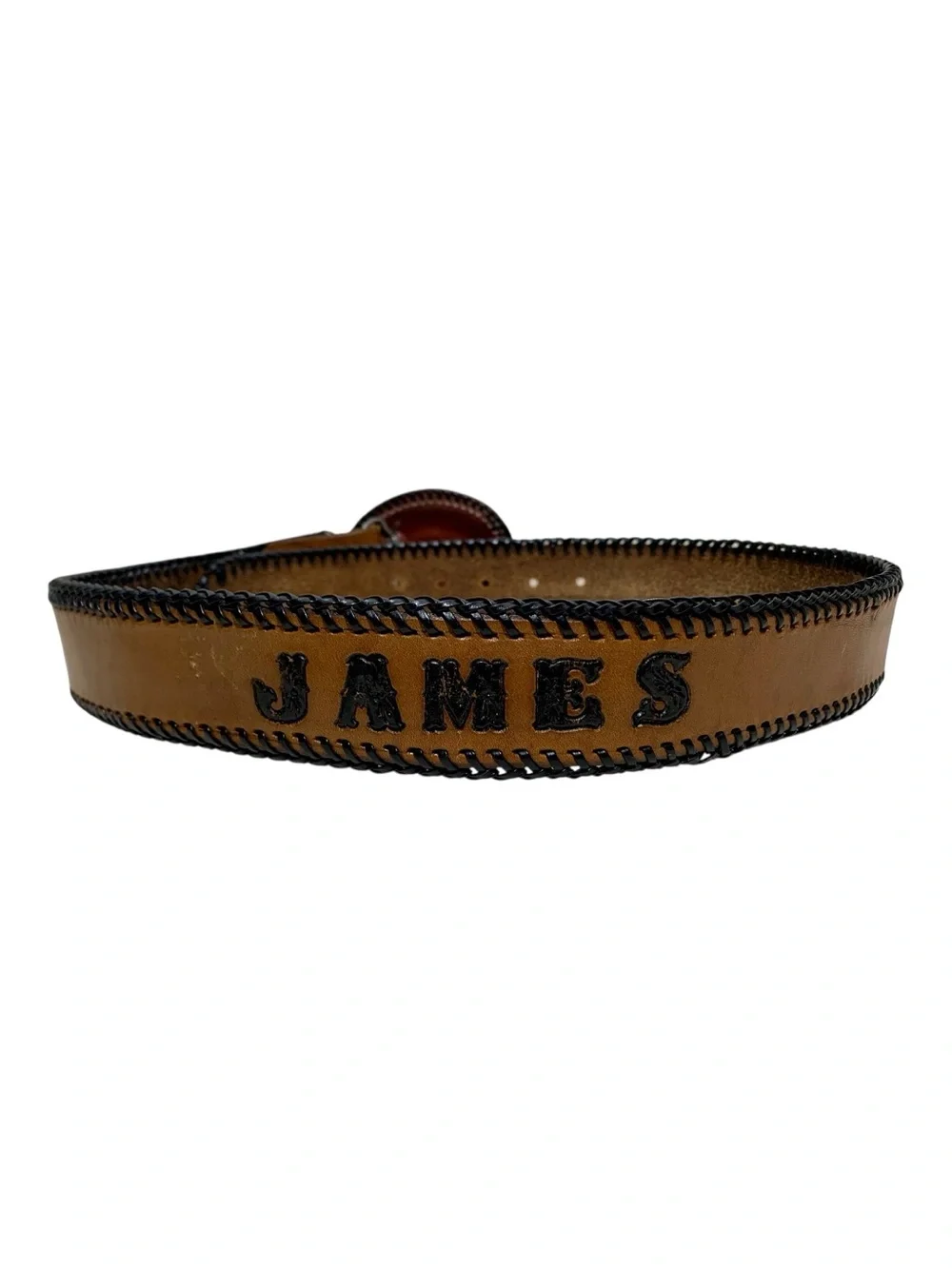 Vintage Leather Stitched Edge Belt With Leather Buckle Monogramed “James”